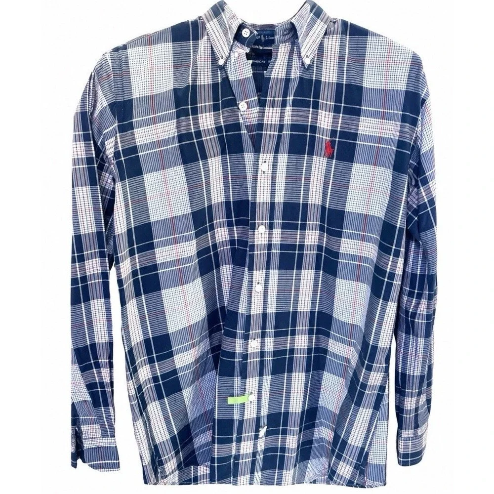 Polo Ralph LAUREN Large 15 -34  Button Down Plaid Long Sleeve Oxford Sport Shirt